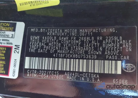 2011 Toyota Camry Se/Le/Xle из США, поврежденный, VIN 4T1BF3EK8BU753639